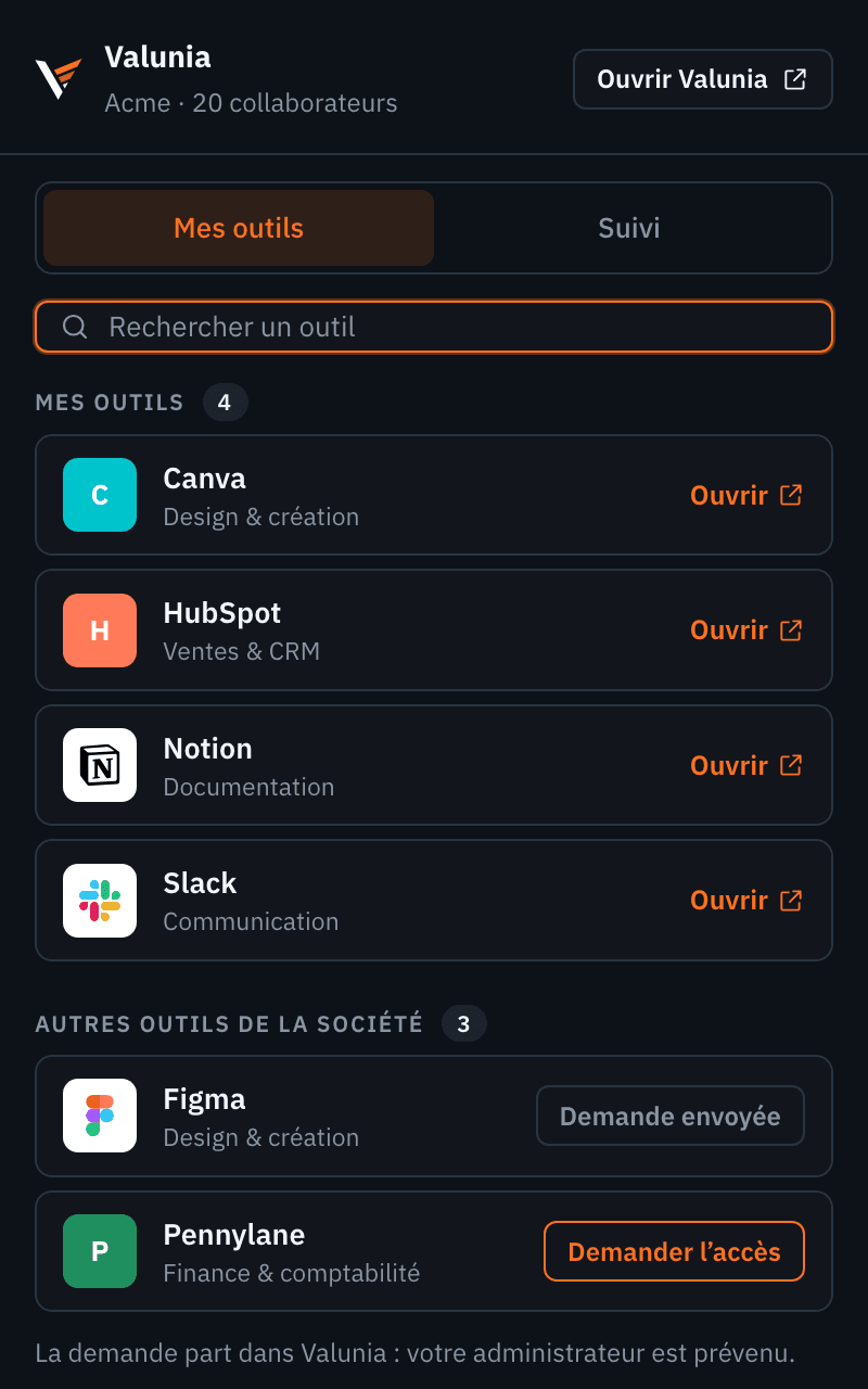 La fenêtre « Mes outils » de l'extension Valunia : les outils du collaborateur, ouverts en un clic, et le bouton Demander l'accès pour les autres outils de la société.